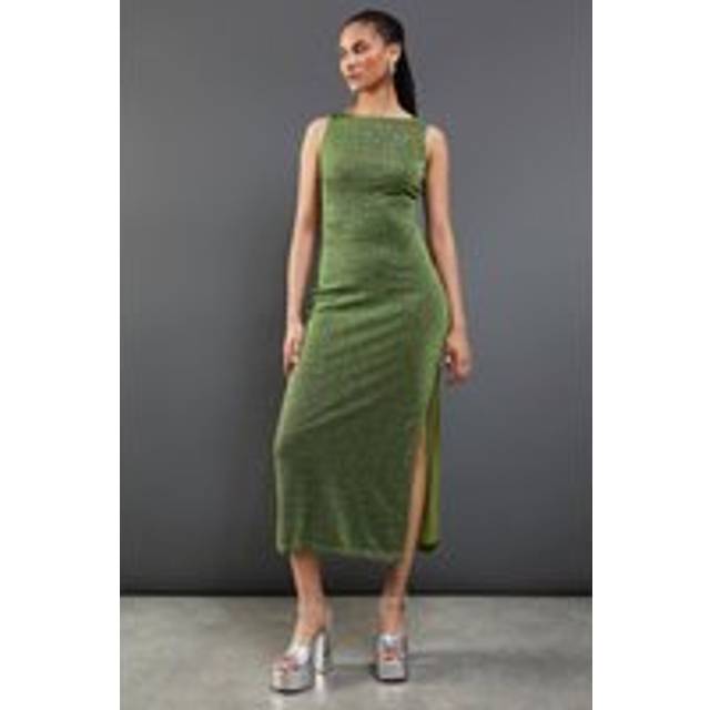 Womens Sparkle Mesh Slash Neck Sleeveless Midi Dress - Green - 14