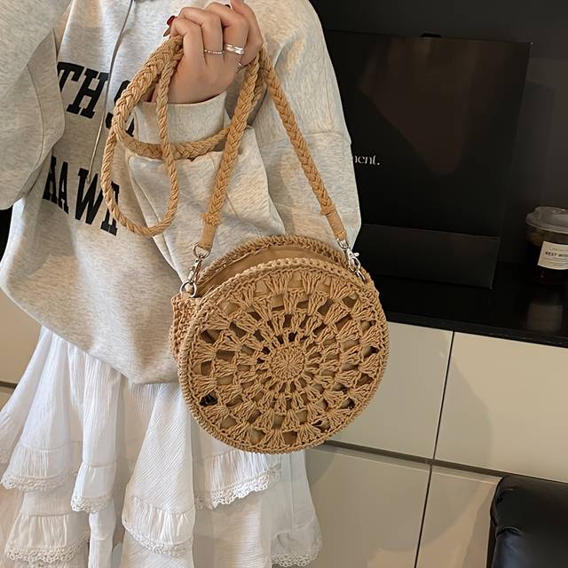 TEMU Stylish Round Woven Beach Bag With Zipper Closure, Adjustable Shoulder Strap, Polyester Lining - Daily Use, Travel, And Summer In Beige Or White, Beach Bag Accessories