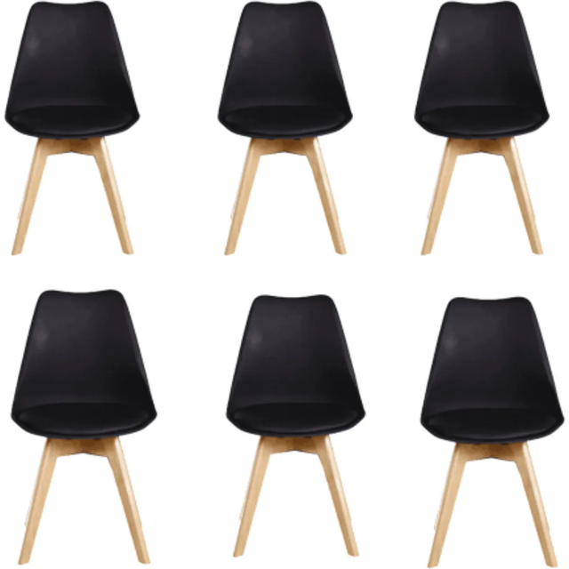 Life Interiors Set Of 6 Lorenzo Plastic Dining Chairs With Faux Leather Padded Cushions For Lounge Office Dining Room Kitchen, Black, Black