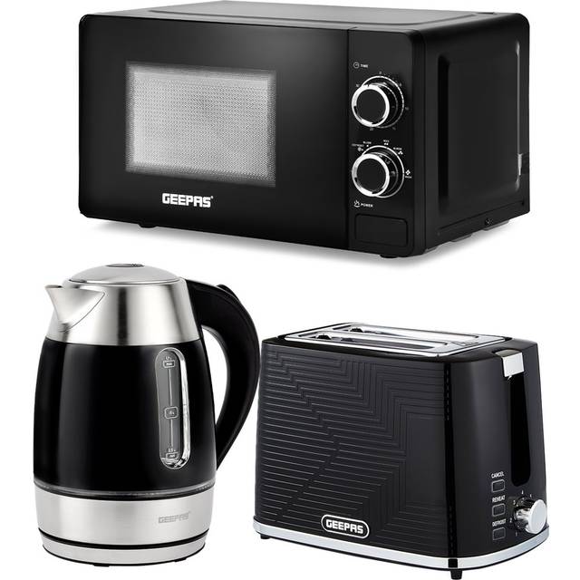 Geepas 1.7L Illuminating Electric Kettle 2 Slice Bread Toaster & Microwave Kitchen Combo Set - Black - One Size