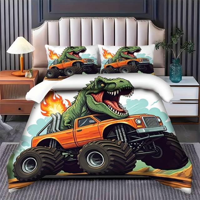 TEMU 2/3pcs Comfortable Dinosaur And Monster Truck Theme Creative Print Pattern, Bedding Set, Duvet Cover Set, Zipper Design, Machine Washable (1 Duvet Cover + 1/2 Pillowcases, No Filling)