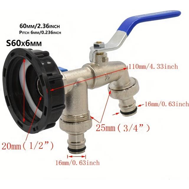 TEMU 1 Set Of Ibc Water Tank Connector, 2-way Garden Hose Irrigation Faucet Adapter, S60 Faucet Connector Replacement, Ball Valve Connector