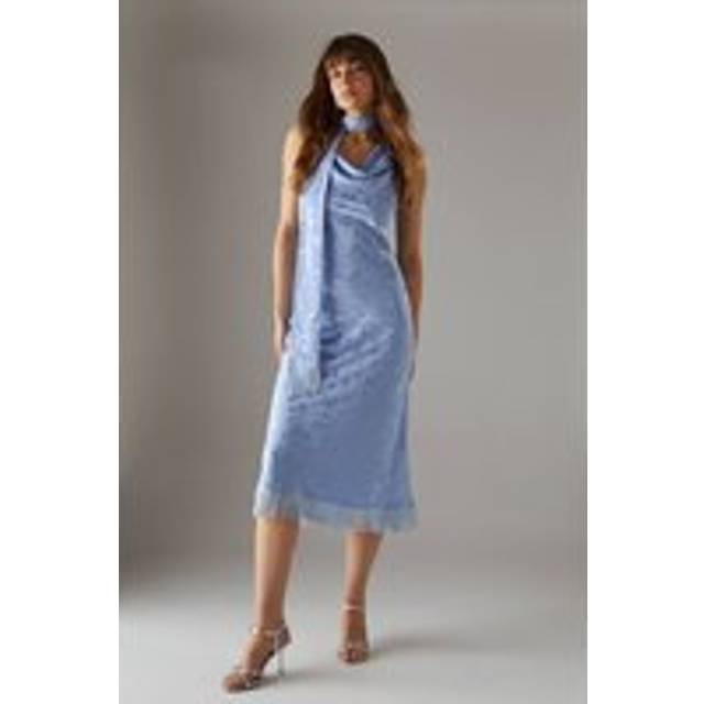 Womens Satin Jacquard Cowl Scarf Neck Fringe Midi Slip Dress - cornflower blue - Cornflower Blue - 12