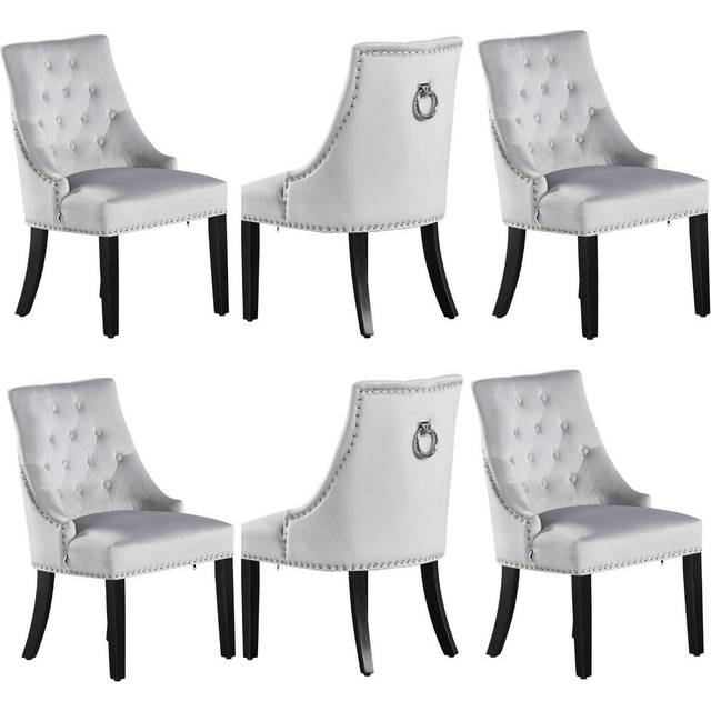 Life Interiors Set Of 6 Windsor Knocker Back Dining Chairs Velvet For Dining Room Kitchen Restaurant Office, Light Grey, Grey