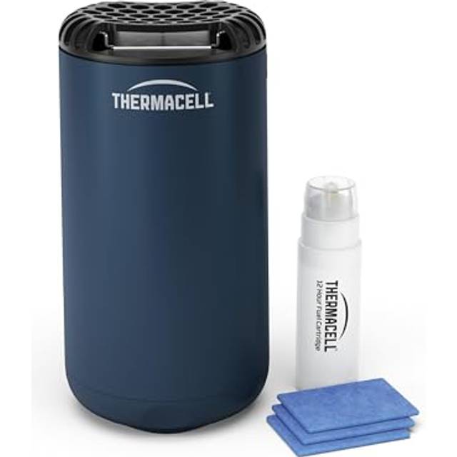 Thermacell Mini Halo myggmedel, för utomhus, trädgård och uteplats, effektivt skydd 21 m², luktfri, inkluderar 12 timmars skydd, 1 patron + 3 blodplättar, marinblå