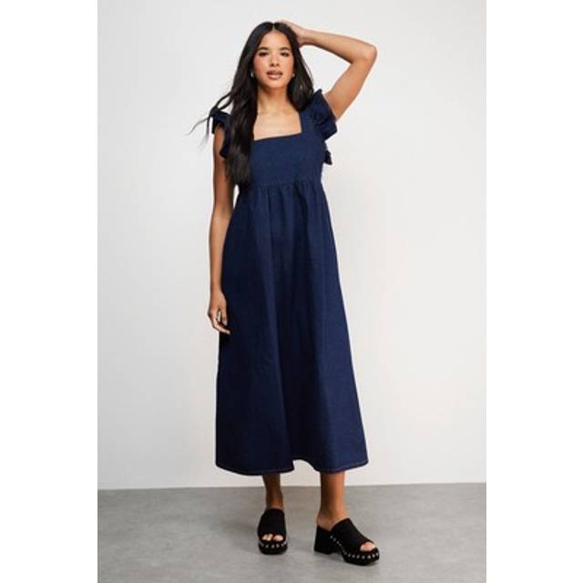 Womens Denim Square Neck Frill Smock Midi Dress - dark wash - Dark Wash - 8