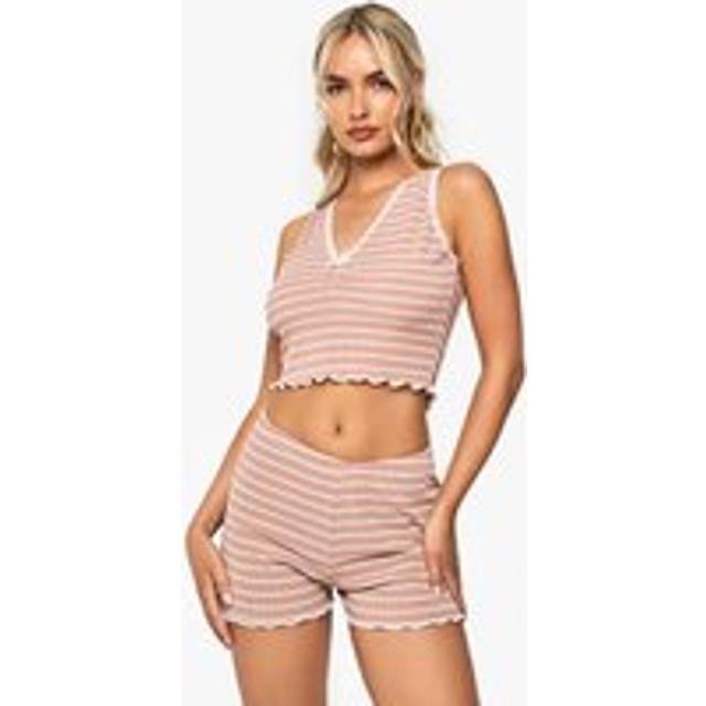 Womens Lace Trim Striped Vest & Shorts Pyjama Set - Beige - 8, Beige