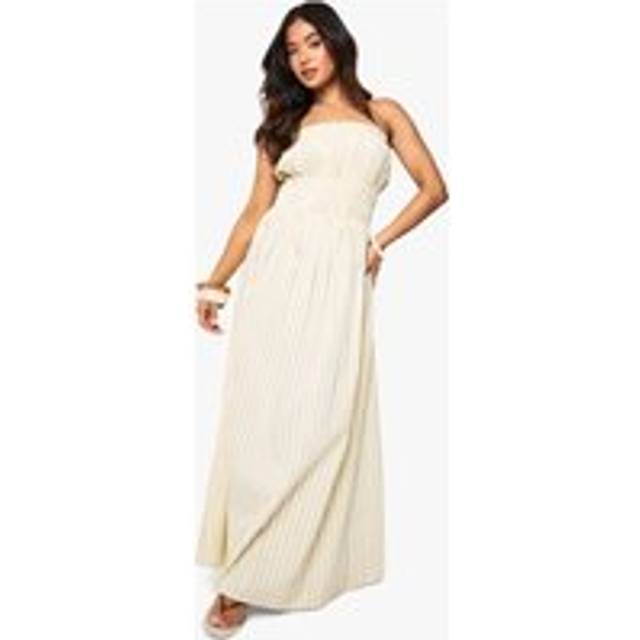 Womens Petite Linen Look Stripe Shirred Maxi Dress - Cream - 8, Cream