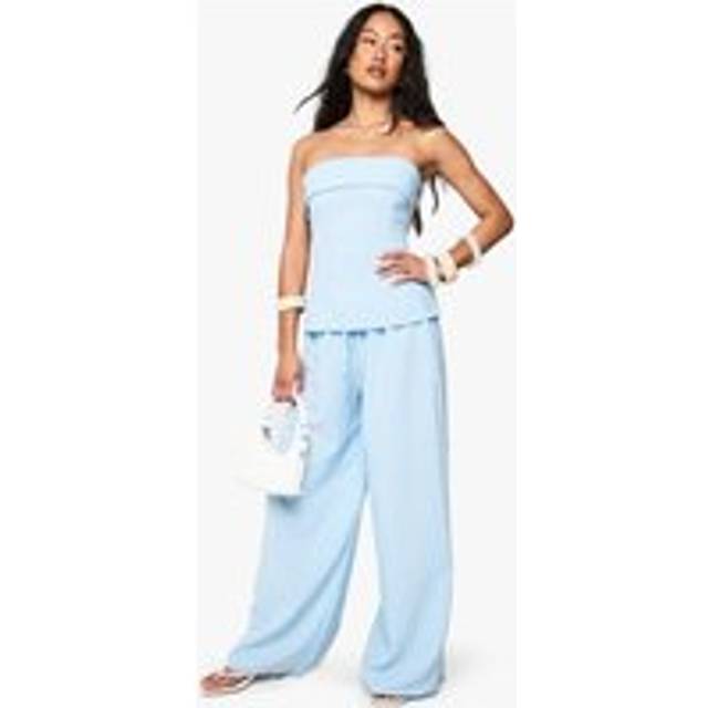 Womens Linen Look Stripe Wide Leg Trouser - Blue - 12