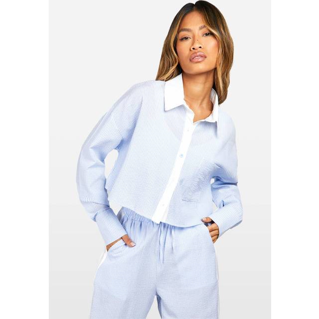 Womens Crinkle Stripe Boxy Cropped Shirt - Blue - 10