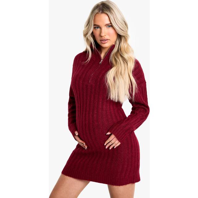 Womens Maternity Soft Knit Thick Rib Zip Neck Oversize Mini Dress - Red - 8, Red