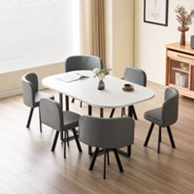 White 150cm Square Dining Table Set with 6 Grey Chairs - One Size