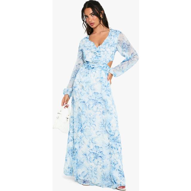 Womens Petite Floral Chiffon Volume Sleeve Maxi dress - Blue - 16