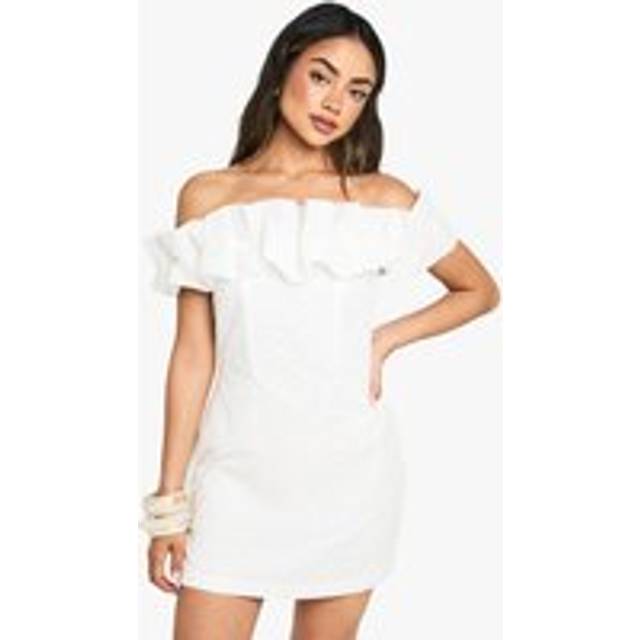 Womens Broderie Ruffled Detail Bardot Mini Dress - White - 14, White