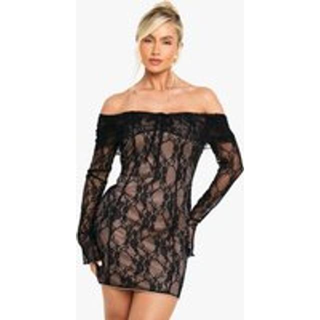 Womens Bardot Long Sleeve Lace Mini Dress - Black - 16