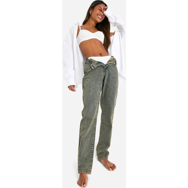 Womens Basics Vintage Wash High Waisted Straight Leg Jeans - Beige - 12