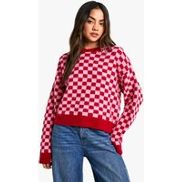 Womens Brushed Knit Checked Crop Jumper - Pink - S, Pink