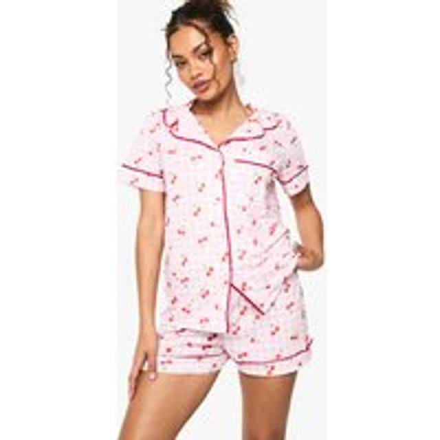 Womens Cherry Print Gingham Piping Detail Short Sleeve Shirt & Shorts Pyjama Set - Pink - 12