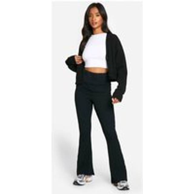 Womens Petite Fold Over Waistband Crinkle Flare Trouser - Black - 8, Black