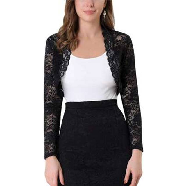 SHEIN Women Floral Lace Cardigan, Adults See-Through Scalloped Long Sleeve Crop Tops Black, White, Red