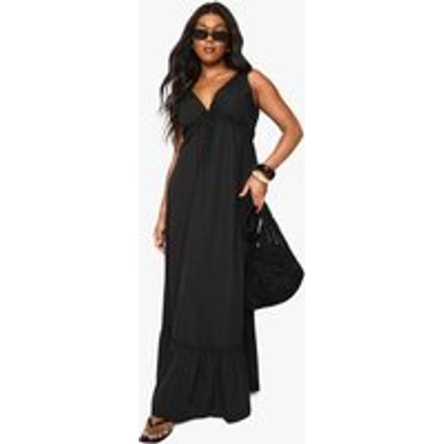 Womens Plus Cotton Poplin Ruched Tie Detail Maxi Dress - Black - 16