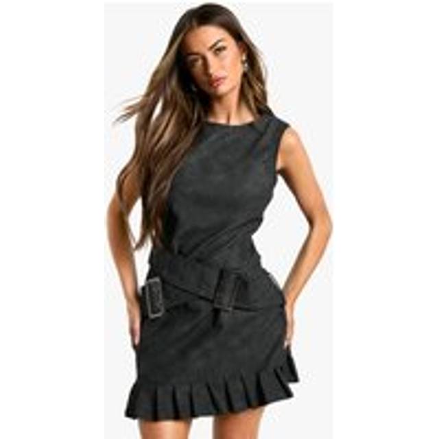Womens Faux Leather Double Belt Mini Dress - Black - 6, Black