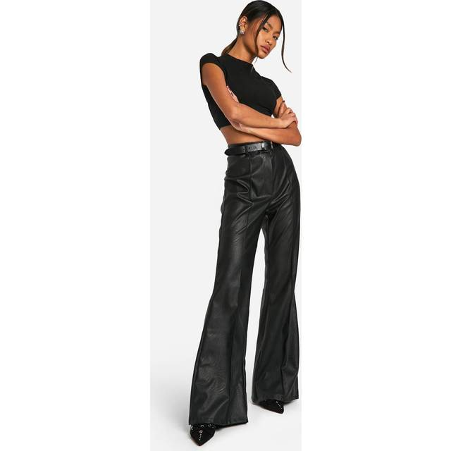 Womens Leather Look High Waisted Seam Front Flared Trousers - Black - 12