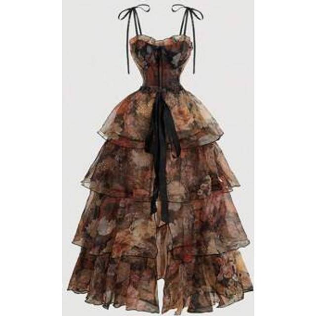 SHEIN Vintage Orange Full Body Floral Print Gorgeous 2in1 Dress With Detachable Multiple Skirts - Palace Style,Birthday Dress,Cruise Dress,Stacked Dress, Dr