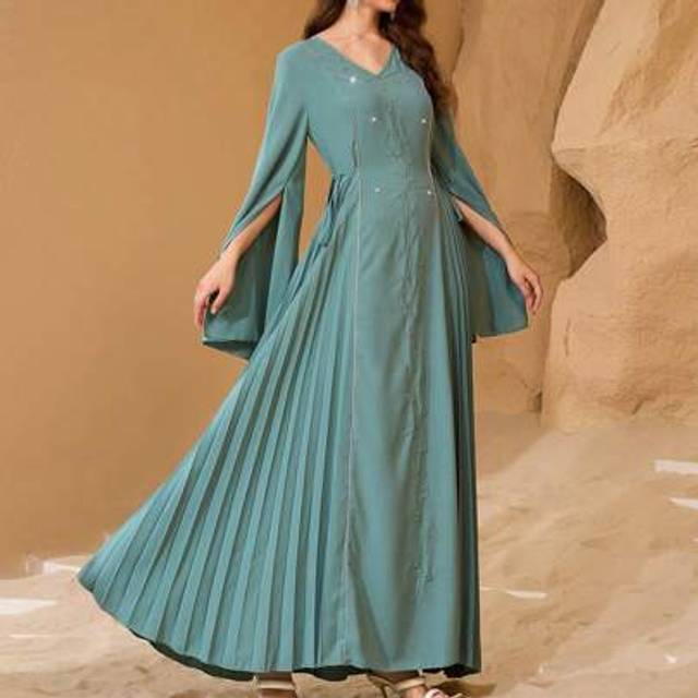 SHEIN Women&#39;s Elegant Wedding/Party Pleated Pearl Decorated Dress With Cinched Waist, Long Sleeve