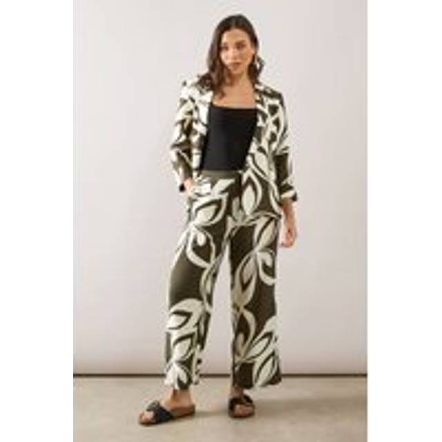 Womens Petite Printed Linen Wide Leg Trouser - Khaki - 18