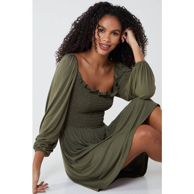 Blue Vanilla Womens HATTIE - Square Neck Gathered Bust Jersey Dress - Khaki - Size Medium
