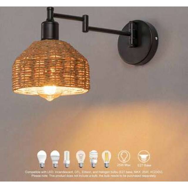 SHEIN Handwoven Rattan Swing Arm Wall Sconces, Boho Hardwire Wall Lamp With Durable Paper Rope, Ideal Cozy Chic Farmhouse Lighting For Bedroom, Living Room,