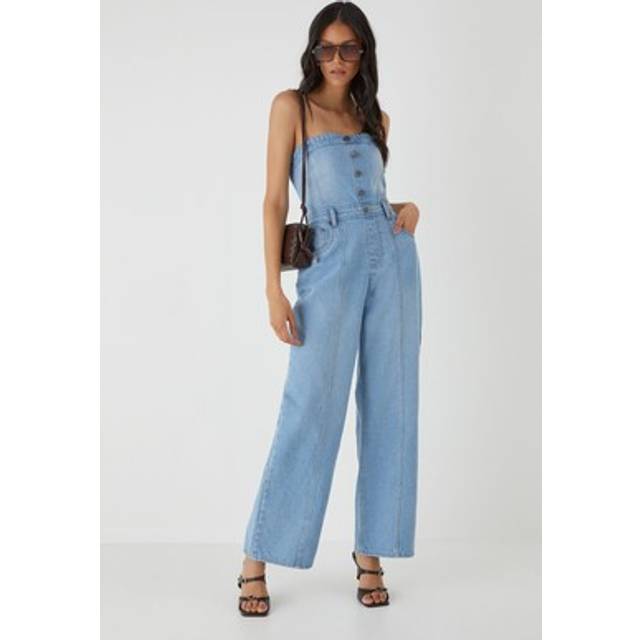 Womens Denim Button Front Bandeau Jumpsuit - Grey - 6
