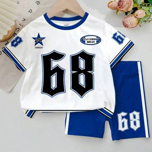 SHEIN Young Girls Fashion Casual Classic Sports Numeric 68 & Pentagram Graphic Short Sleeve T-Shirt And Sports Shorts Two Pieces Set, Suitable For Summer