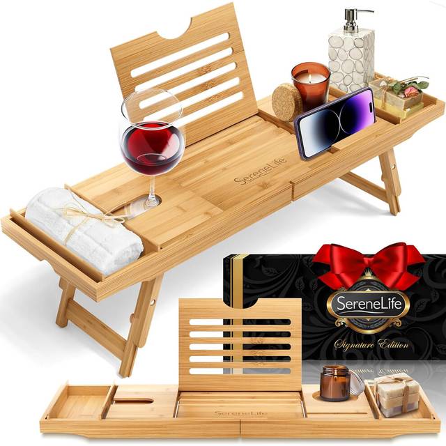 Bath Caddy Breakfast Tray Combo with Gift Box - Natural Bamboo Wood Waterproof Bath Tub Caddy and Bed Tray with Folding Slide-Out Arms, Device
