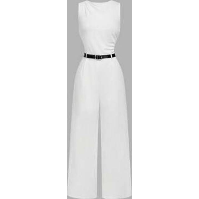 SHEIN 1pc Women&#39;s White Pleated Wide Leg Loose Jumpsuit With Belt, Casual Style, ,