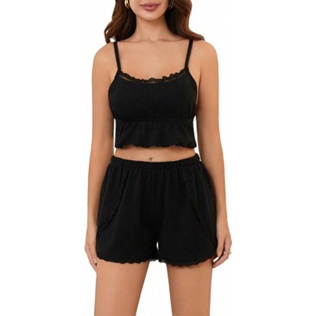 SHEIN Women Pajamas Set 2 Pieces Loungewear Suits Lace Patchwork Camisoles Tank Tops Elastic Waist Shorts Sleepwear Outfits