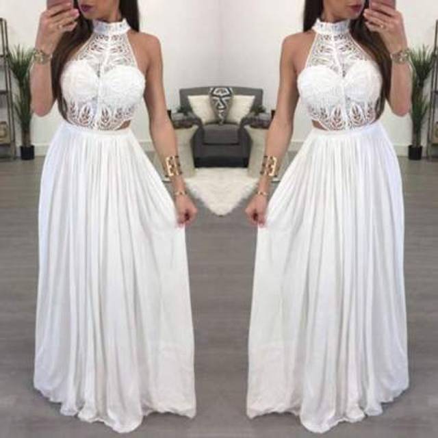 SHEIN Women Hollow Out Lace Halter Dress, Crochet High Waist Pleated Maxi Dress Wedding Party Dress