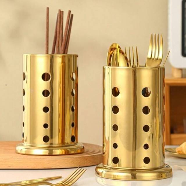SHEIN 17cm Gold Stainless Steel Kitchen Organizer Bucket - Countertop Utensil Holder, Spoon & Chopstick Storage, Modern Farmhouse Decor, Kitchen Counter Dec