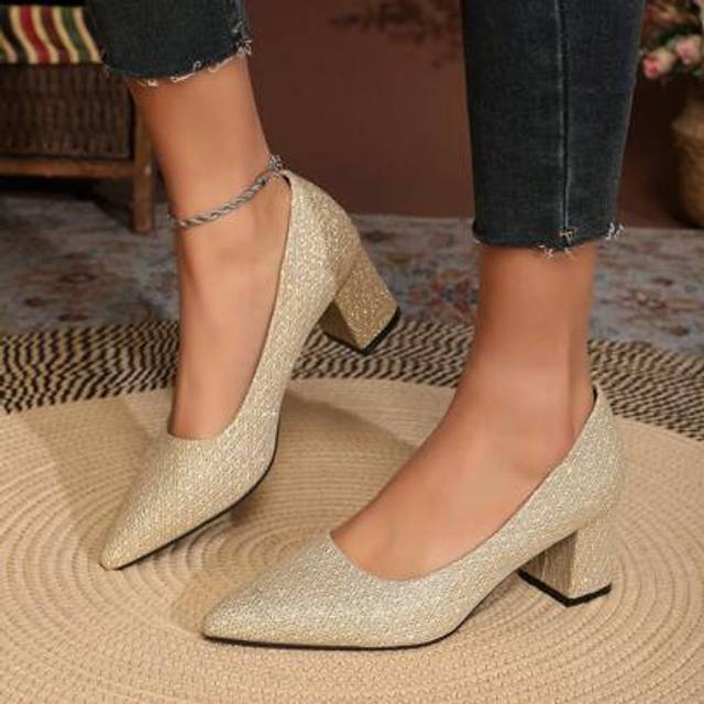SHEIN Women&#39;s Luxuriant Golden Shiny Block Heel High Heels, Solid Color Slip Closed Toe Chunky Heel Pumps, Suitable For Casual Daily Outdoor, Business Affai
