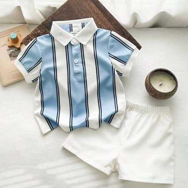 SHEIN 2pcs/Pack Newborn Baby Boy Toddler 0-3Y Casual Daily Wear Spring/Summer Gentleman Style Blue & White Striped Polo Shirt + Shorts Set