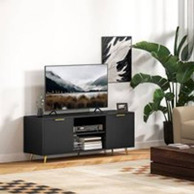 Homcom Modern Tv Stand Cabinet With Storage For Living Room, Black, Black
