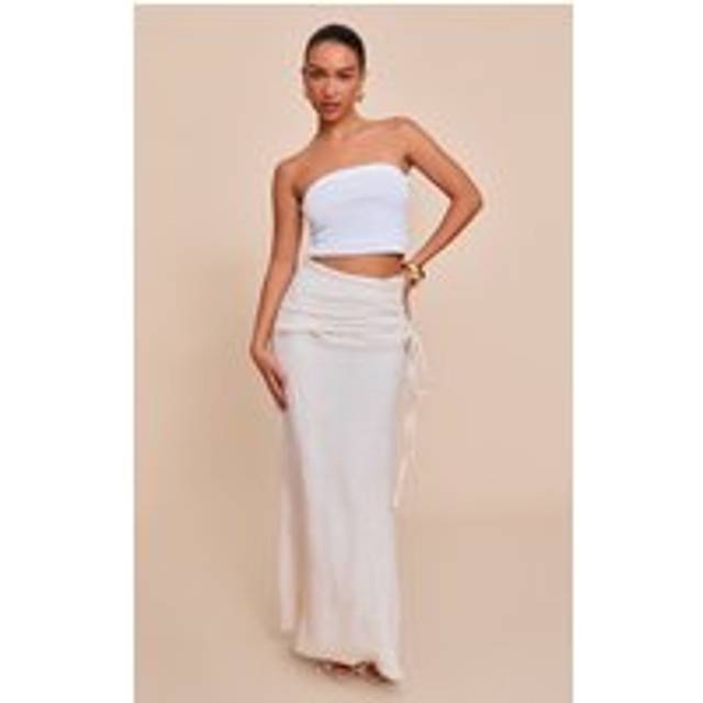 Natural Linen Look Ruched Waist Maxi Skirt, Natural - 4