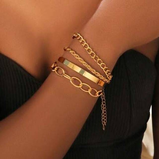SHEIN 4PCS/Set Stylish Simple Gold Chunky Chain Bracelets, European And American Cross-Border Fashion Minimalist Summer Accessory