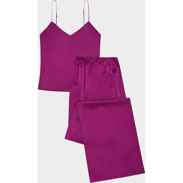 Bliss Wide-Leg Silk Satin Cami Pajama Set - PLUM - Medium