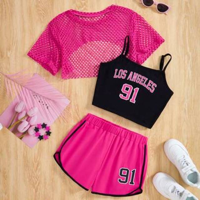 SHEIN Teen Girls Casual Sports College Street Rose Red Mesh Top And Black Knitted Suspenders Slogan Print And Sports Shorts Set Two Pieces
