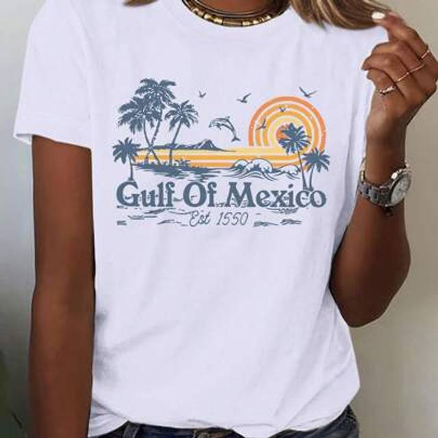 SHEIN Women&#39;s Gulf Of Mexico Print Round Neck Casual Short Sleeve T-Shirt, Suitable For Summer Travel