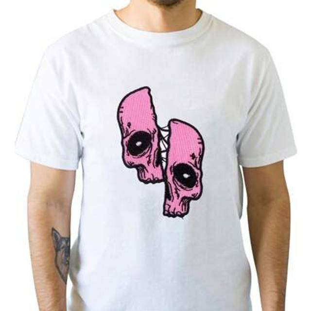 SHEIN Pink Skull Stickers Printed Cotton T-Shirts Men Summer Casual Short Sleeved Tees Not Embroidery