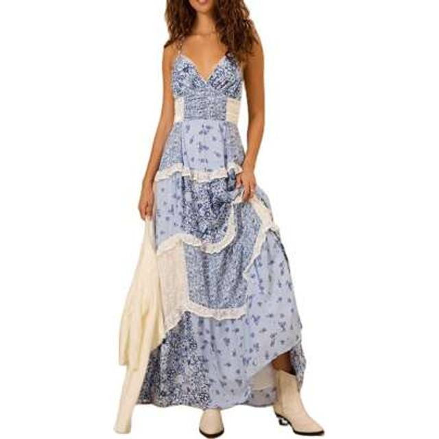 SHEIN Women Cute Boho Flowy Maxi Dress Spaghetti Strap V Neck Smocked Long Dress Y2K Patchwork Floral Beach Sundress