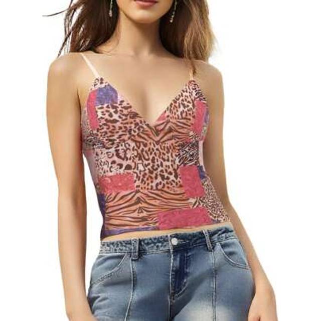 SHEIN Women Summer Crop Camisole Casual Leopard Print Patchwork V-Neck Spaghetti Straps Tank Tops Sleeveless T-Shirt